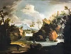 Paysage avec une cascade par Jacob de Heusch