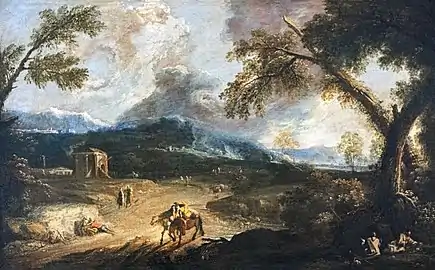 Paysage avec des moines et des voyageurs par Marco Ricci