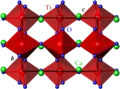 Structure cristalline de la pérovskite, projetée sur le plan (b, c). Rouge : Ti, vert : Ca, bleu : O.