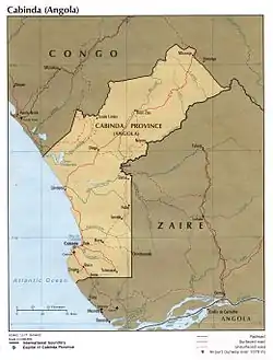 La frontière se situe au nord de la province angolaise de Cabinda. L'autre limite de cette dernière est une partie de la frontière entre l'Angola et la république démocratique du Congo (Zaïre sur cette carte de 1977).