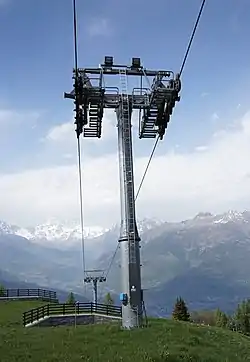 Un pylône de la télécabine. À l'arrière-plan, le Grand Combin.