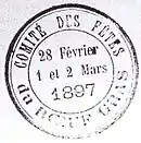 Cachet circulaire sur lequel est inscrit Comité des Fêtes du Bœuf Gras, 28 février, 1 et 2 mars 1897