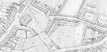 Troisième église en 1874 (numéro 338) et son cimetière (numéro 337), située sur l'actuelle bouche de métro Wasquehal - Hôtel de Ville.