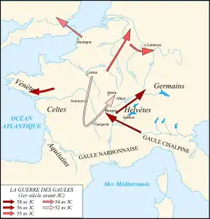 Carte de Gaule montrant les différentes batailles de la guerre des Gaules.