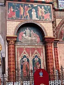 Lapidation de saint Étienne au-dessus de l'inhumation de saint Étienne et des saints Pierre et Paul.