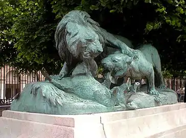 Lion et lionne se disputant un sanglier (1878), bronze.