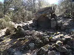 Le dolmen depuis le nord, on aperçoit les roches constituant le tumulus au premier plan.