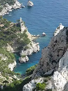 Photo en plongée d'une baie de roches déchiquetées avec un peu de végétation verte qui descendent jusqu'à la mer bleue