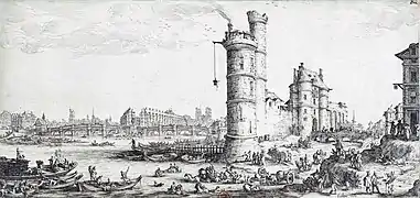 La tour de Nesle et le pont-Neuf par Jacques Callot, vers 1610-1635.