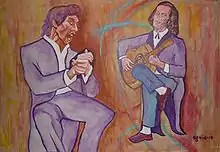 Peinture représentant un homme chantant et un guitariste