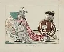 Gravure en couleur montrant Cambacérès vêtu en dame de la cour, on officiant portant sa traîne.