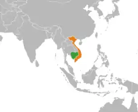 Situation du Cambodge (en vert) et du Viêt Nam (en orange).