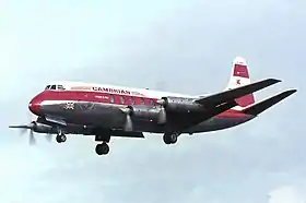 Un Vickers Viscount Type 701 de Cambrian Airways (en) à l'aéroport de Berlin-Tempelhof en 1966.