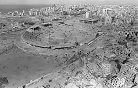 Stade de Beyrouth et quartier de Bir Hassan détruits pendant la guerre du Liban en 1982