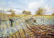 Peinture montrant un paysage de champs cultivés couverts de gelée blanche, avec un paysan qui marche.