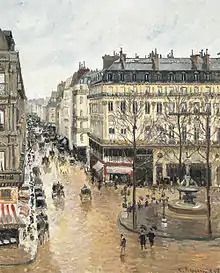 Camille Pissarro, Rue Saint-Honoré (1897), musée Thyssen-Bornemisza (Madrid). Vue depuis l'hôtel du Louvre, vers l'ouest.