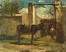 Peinture : un âne devant un portail en pierre ; en arrière plan, un homme.