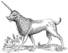 gravure montrant un animal aux pattes palmés, avec une corne sur le front et de la fourrure sur la tête et le torse