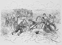 Un dessin représentant une colonne d'hommes en uniforme marchant à travers une plaine ; au premier plan, plusieurs d'entre eux tentent de décoincer un canon dont les roues se sont enfoncées dans le sol.