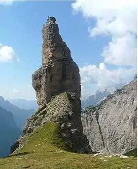 Le Campanile di Val Montanaia vu depuis le bivouak Perugini.