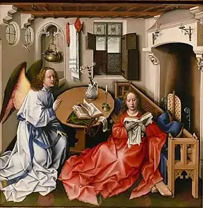 Ange Gabriel à gauche agenouillé devant la Vierge allongée contre un banc un livre à la main dans un intérieur.