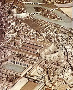 Les quatre théâtres de Rome, groupés sur le Champ de Mars, de haut en bas : théâtre de Marcellus, théâtre de Balbus, théâtre de Pompée et odéon de Domitien.