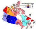 vote populaire lors de l'élection fédérale canadienne de 2006, par province et territoire. À l'opposé de la convention américaine récente, le schéma bleu/rouge est inversé.