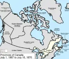 1867 : le nord-ouest de l'Amérique du Nord est formé du territoire du Nord-Ouest, de la terre de Rupert et de la colonie de la Colombie-Britannique, colonies britanniques ne faisant pas encore partie du Canada.