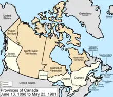 1898 : création du territoire du Yukon à l'ouest des Territoires; extension du Québec sur sa frontière nord.