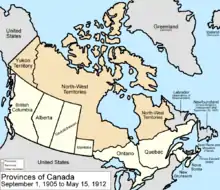 1905 : création des provinces de l'Alberta et de la Saskatchewan sur les Territoires et le district de Keewatin ; ce dernier est réintégré dans les Territoires du Nord-Ouest.