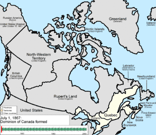 Animation démontrant l'évolution des frontières du Canada depuis 1867.