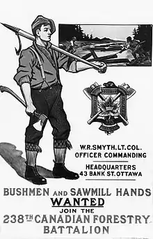 Affiche du Corps forestier canadien montrant un bûcheron, hacher à la main, et le logo du Corps.