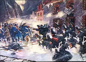 Peinture montrant un affrontement armé entre deux factions sur un sol neigeux.