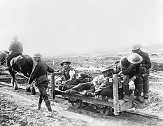 Soldats canadiens blessés évacués par un chemin de fer de campagne