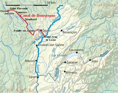 Tracé du canal de Bourgogne passant à la limite sud d'Ancy-le-Franc derrière le château.