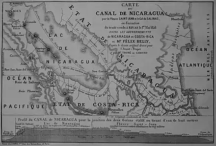Projet du canal du Nicaragua, carte publiée dans L'Illustration, 5 mars 1859.