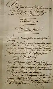  Reproduction d’un document manuscrit écrit à la plume représentant le bail du 23 vendémiaire an 7 confiant la gestion du Canal d’Orléans à la famille Bellesme