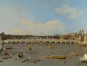 Pont de Westminster, avec la procession du Lord maire sur la Tamise (1747).