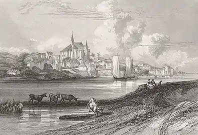Dessin en noir et blanc du panorama d'une ville au bord d'une rivière dominée par une église
