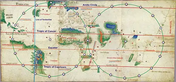 Schéma de construction des lignes de rumb avec deux hexadécagones dans le planisphère de Cantino