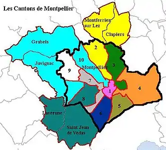 Carte des cantons de Montpellier avant 2014. Localisation du Canton de Montpellier-1.