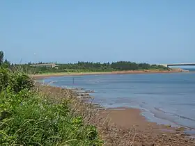 Littoral de l'île Jourimain, avec le pont au fond à droite