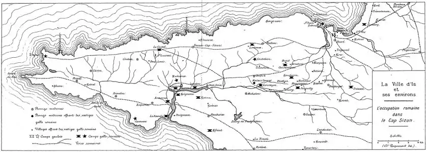 Les implantations romaines dans le cap Sizun (carte de Charles Armand Picquenard).