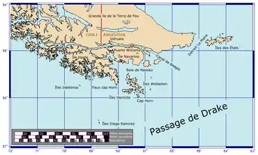 Carte montrant l'emplacement du Faux Cap Horn, par rapport au cap Horn.