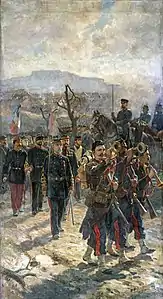 Les artilleurs mobiles de Toulouse quittent Belfort avec les Honneurs de la Guerre. Peinture de Jean-André Rixens (Capitole de Toulouse).