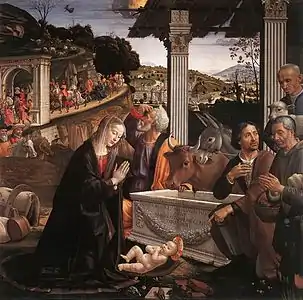 L'Adoration des bergers et la proche Adoration des mages avec son cortège en marche par Domenico Ghirlandaio.