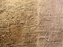 Après la prise de Lakish : des troupes assyriennes conduisent des déportés emmenant leurs propres biens et animaux en exil, et d'autres soldats exécutent des vaincus en les écorchant vifs. Palais sud-ouest, British Museum.