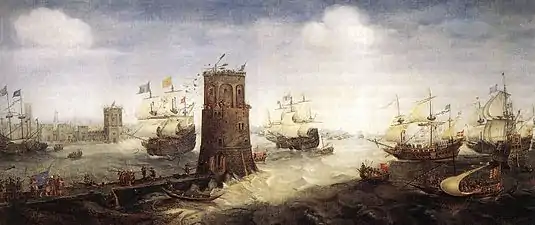 Tableau représentant une bataille navale lors du siège de Damiette pendant la cinquième croisade.