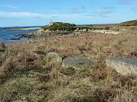 Partie nord de l'île Callot avec le « Mazarin », rocher peint en blanc car utilisé comme amer.