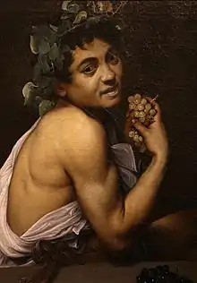 Peinture. Visage d'un jeune homme couronné de feuilles et tenant en main des raisins.